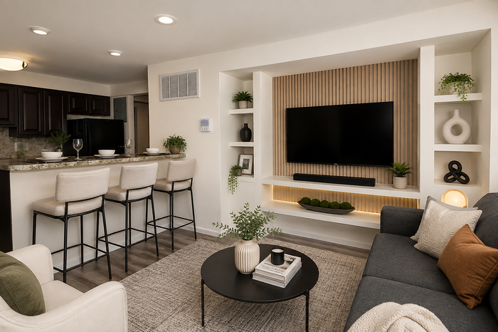 Park Crescent Apartments living room with breakfast bar and built-in entertainment center