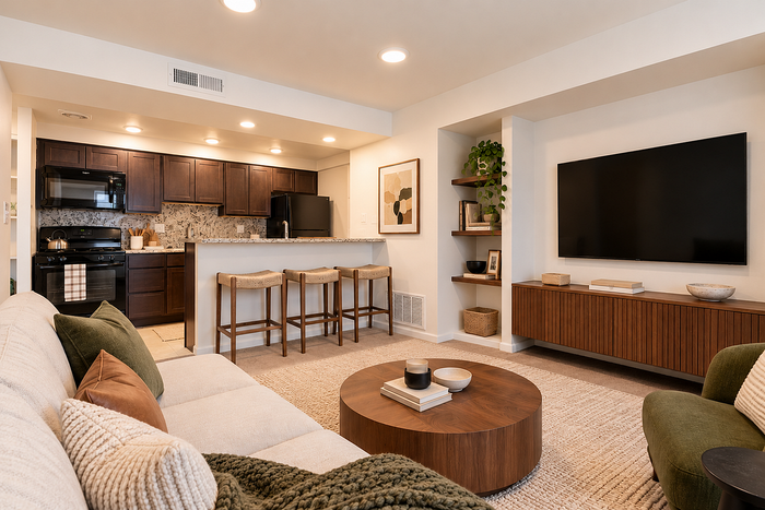 Park Crescent Apartments living room with open kitchen, breakfast bar, and modern furnishings