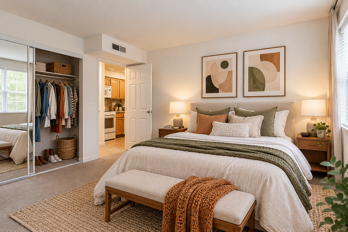 Park Crescent Apartments bedroom with spacious closet, mirrored doors, and natural light