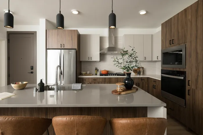 Modern kitchen with sleek appliances, pendant lighting, and an island countertop with stylish decor.