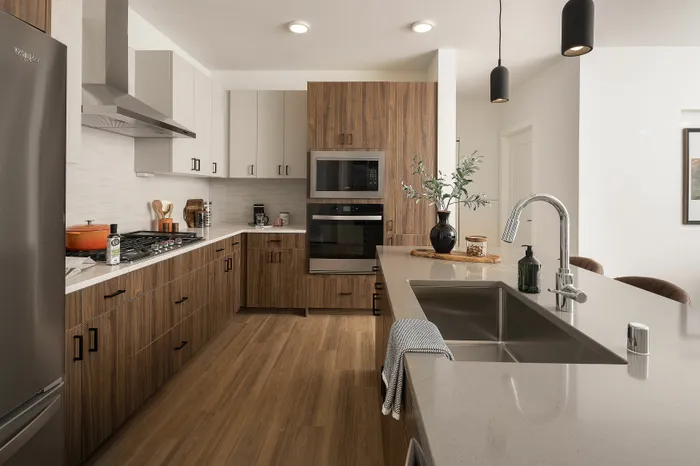 Modern kitchen with sleek cabinetry, stainless steel appliances, and elegant lighting.