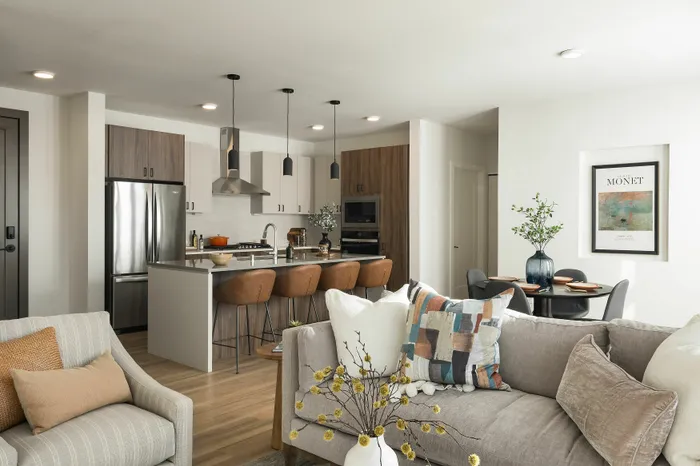 Elegant open-concept living space with modern kitchen, dining area, and stylish seating.