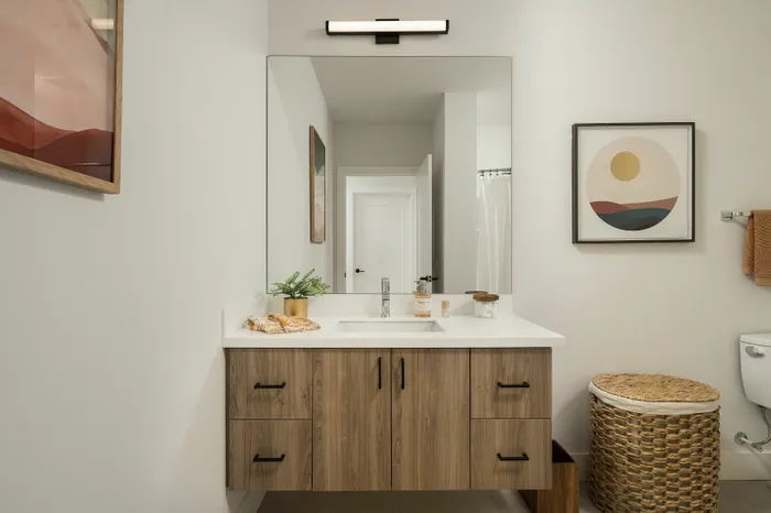 Contemporary bathroom with sleek vanity, large mirror, and stylish decor.