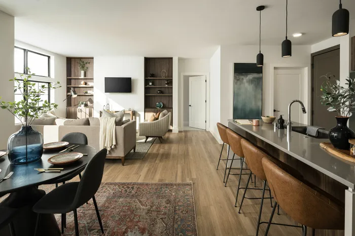 Stylish open-plan living room with modern furnishings and a kitchen island, featuring elegant lighting and cozy seating.