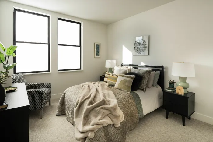 Bright and cozy bedroom with modern decor, featuring a plush bed, stylish throw pillows, and dual windows.