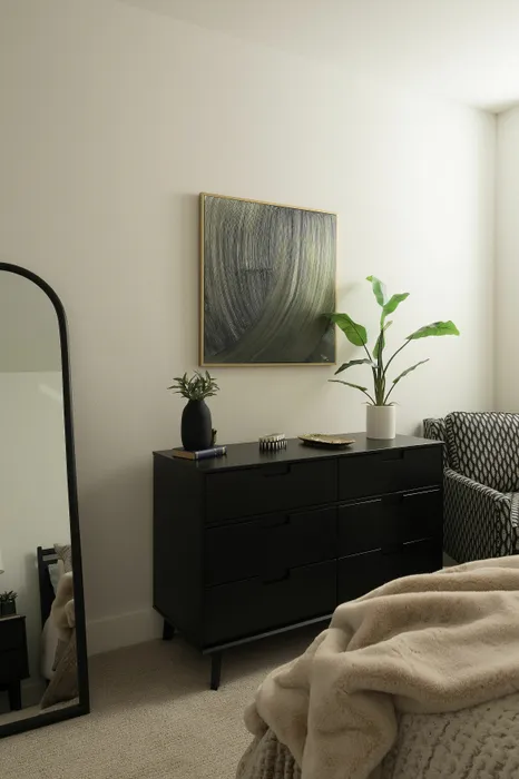 Elegant bedroom interior with a sleek black dresser, modern artwork, and vibrant green plant.