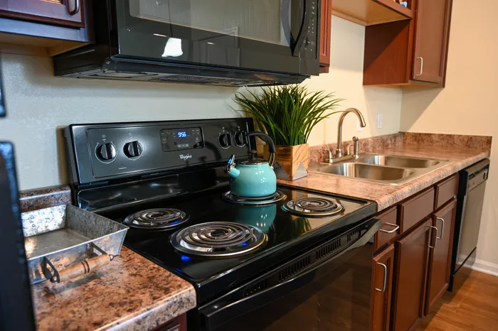 Modern kitchen with sleek appliances, elegant wooden cabinets, and stylish countertops, featuring a black stove with a teal kettle and a dual sink for convenience.