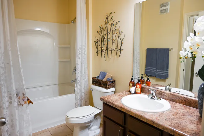 Inviting bathroom with elegant decor, featuring a chic vanity, floral wall art, and cozy ambiance.