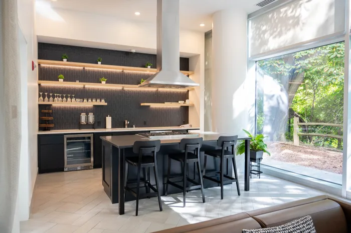 Sleek modern kitchen with an island, large windows, elegant black cabinetry, and open shelving filled with glassware and greenery.