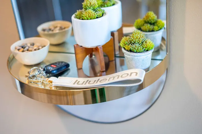 Elegant round mirror shelf with lush succulent plants, decorative stones, and a stylish keychain enhancing modern decor.