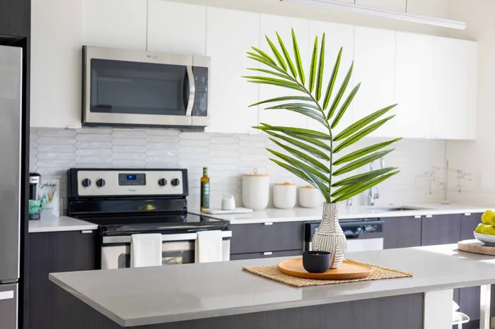 Modern kitchen with sleek stainless steel appliances, elegant white cabinetry, and a stylish island centerpiece featuring a decorative vase with greenery.