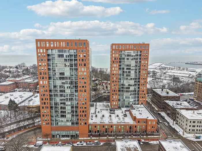 Stunning twin high-rise apartments overlooking a wintery cityscape with lake views, offering modern living in an urban setting.