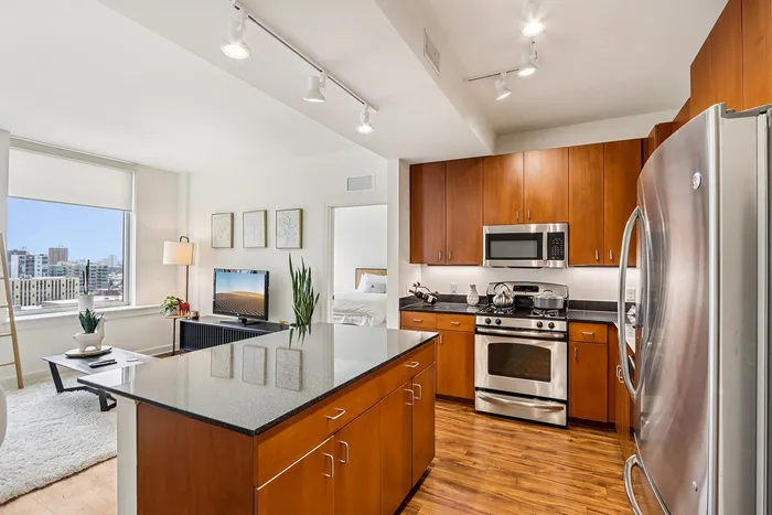 Modern apartment interior with sleek open-plan kitchen featuring stainless steel appliances, a polished granite island, and warm wood cabinetry; inviting living area with stylish decor and expansive city views through large windows.