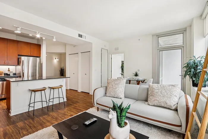Chic apartment living area with modern kitchen, cozy seating, and elegant decor, featuring lush plants and natural light.