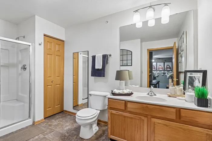 Modern bathroom featuring sleek fixtures, a spacious countertop with elegant decor, and a separate shower stall for a luxurious feel.