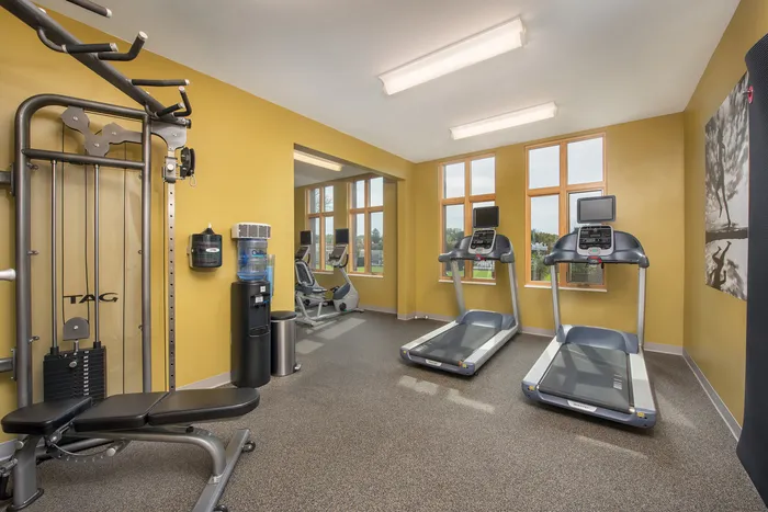 Modern apartment fitness center with vibrant yellow walls, featuring two treadmills, gym equipment, and large windows for natural light.