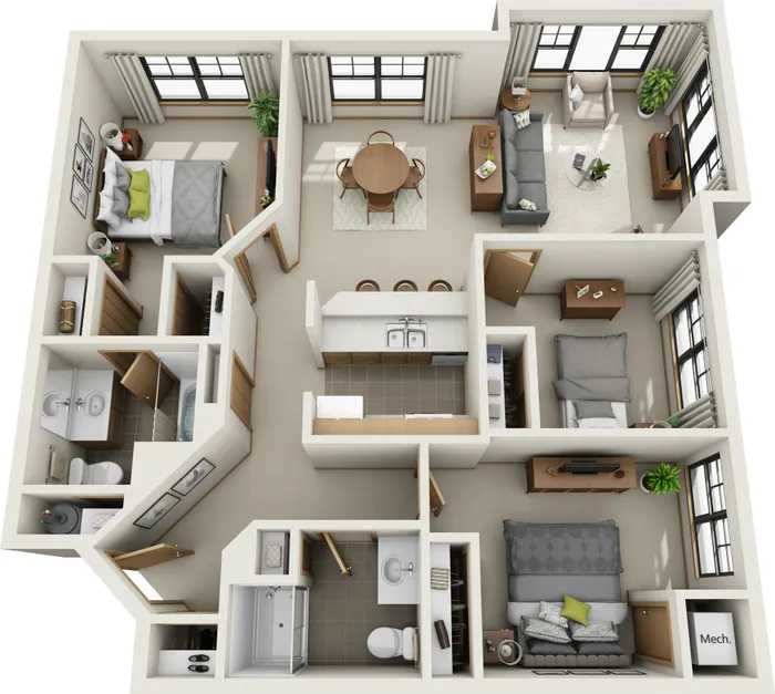 Elegant 3D floor plan featuring two bedrooms, a cozy living room, modern kitchen with bar seating, and a stylish dining area.