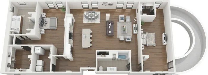 Elegant floor plan featuring three spacious bedrooms, an open-concept living area, modern kitchen, and hardwood flooring, designed for luxurious living.
