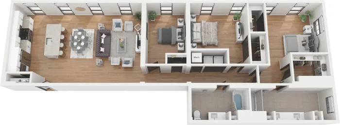 Elegant 3D floor plan showcasing a spacious layout with three bedrooms, two bathrooms, modern kitchen with island, and an open-concept living and dining area, perfect for stylish living and entertaining.