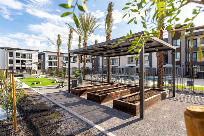 apartment community with shared garden