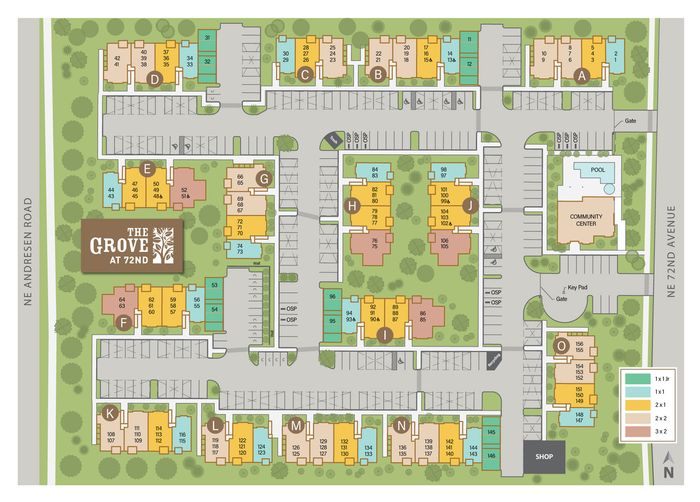 Colorful community map of The Grove at 72nd, featuring apartment buildings, parking spaces, a pool, and a community center.