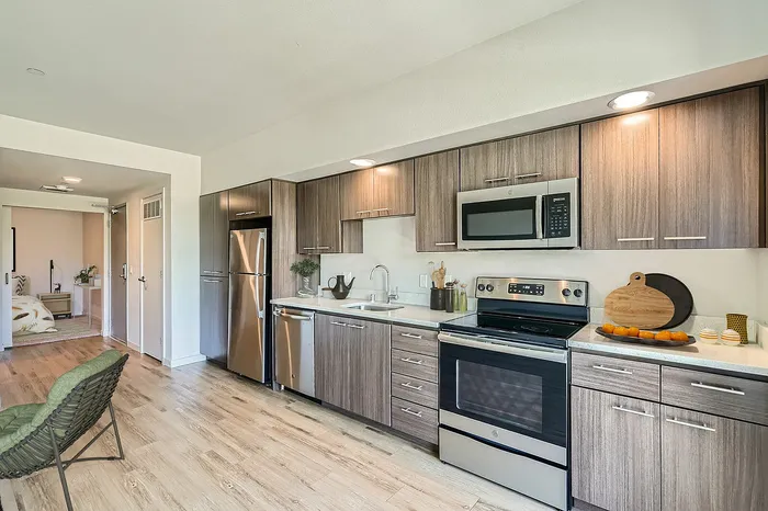 Contemporary kitchen with modern stainless steel appliances, elegant cabinetry, and bright open layout.