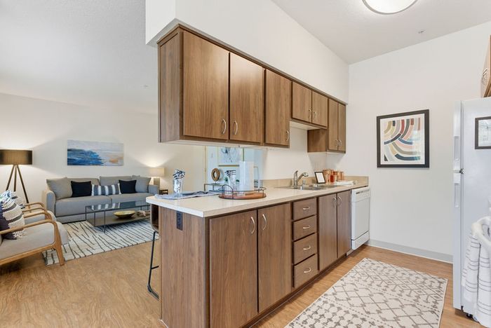 Modern open kitchen and living area with elegant wooden cabinets, cozy seating, and stylish decor accents for a welcoming atmosphere.