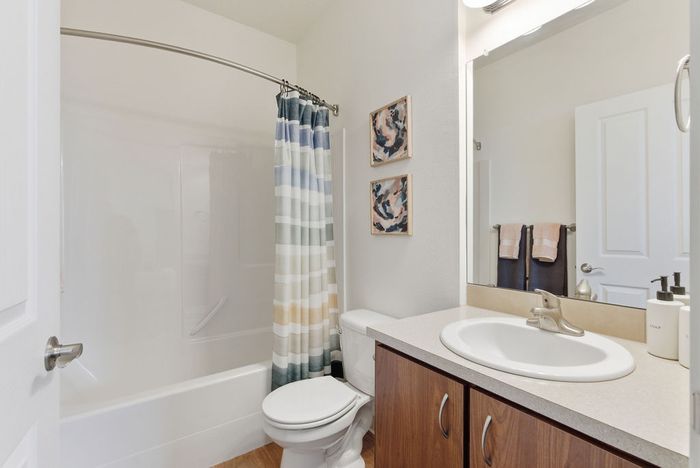 Bright and modern bathroom featuring sleek cabinetry, a stylish shower curtain, and contemporary decor.