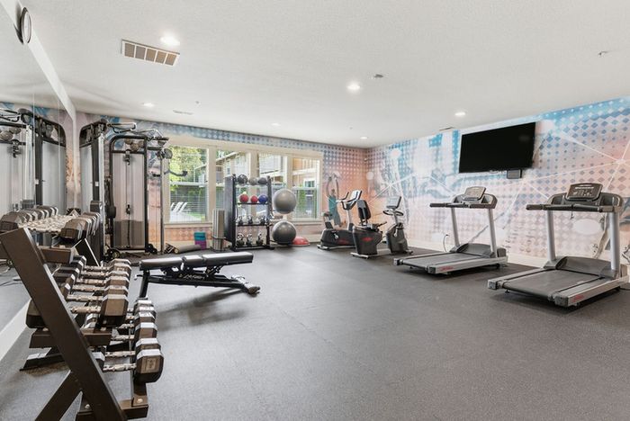 Modern fitness center with state-of-the-art equipment, spacious area, and vibrant wall art.