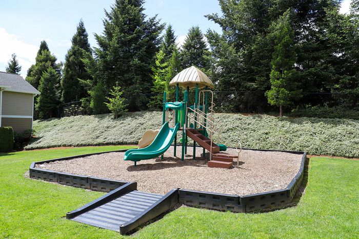 Charming playground featuring a colorful slide and climbing frame, surrounded by lush greenery and open space.