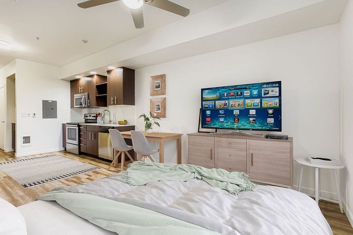studio apartment with galley kitchen and living room