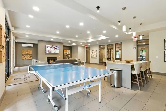 Modern recreational space featuring a sleek ping pong table, lounge area with a fireplace, and stylish seating in a bright, spacious setting.