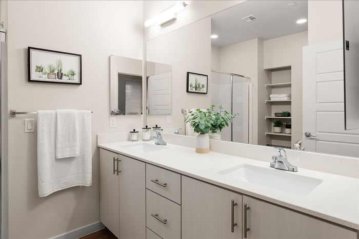 Sleek and modern bathroom with dual sinks, minimalist decor, and an elegant plant adding a touch of nature.