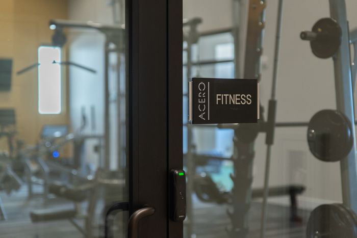 Modern fitness facility with state-of-the-art gym equipment visible through a sleek glass door.