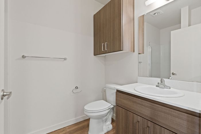 Modern bathroom featuring sleek wood cabinetry, a spacious countertop with an elegant sink, and a chic mirror.