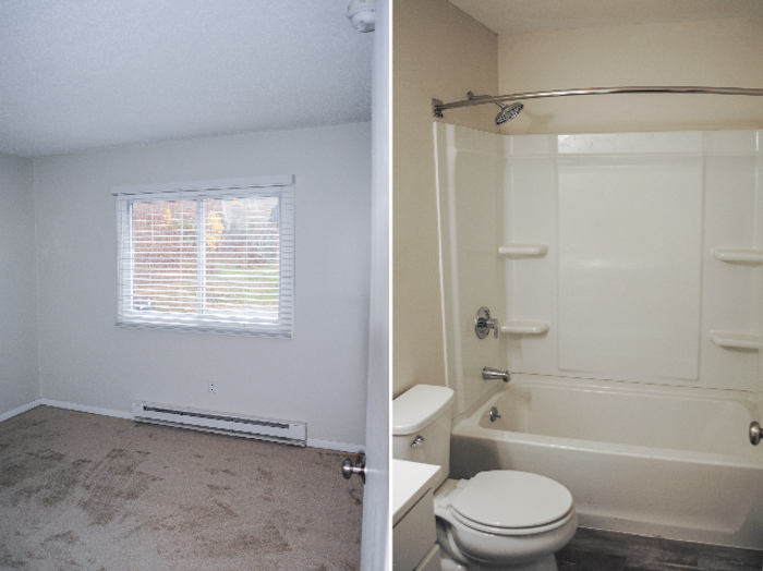 carpeted bedroom - comfortable bathroom at Princeton Commons | Apartments in Claremont, NH