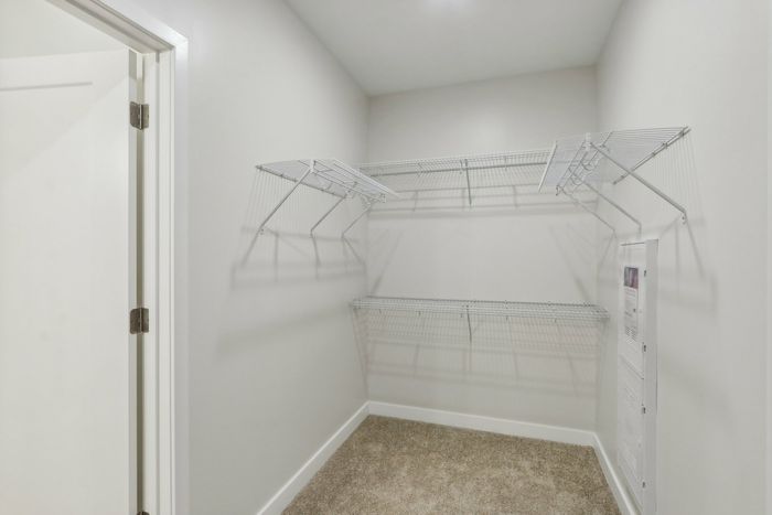 The James Apartments | Spacious, empty walk-in closet with wire shelving on beige carpet. | Luxury Apartments Haverhill MA