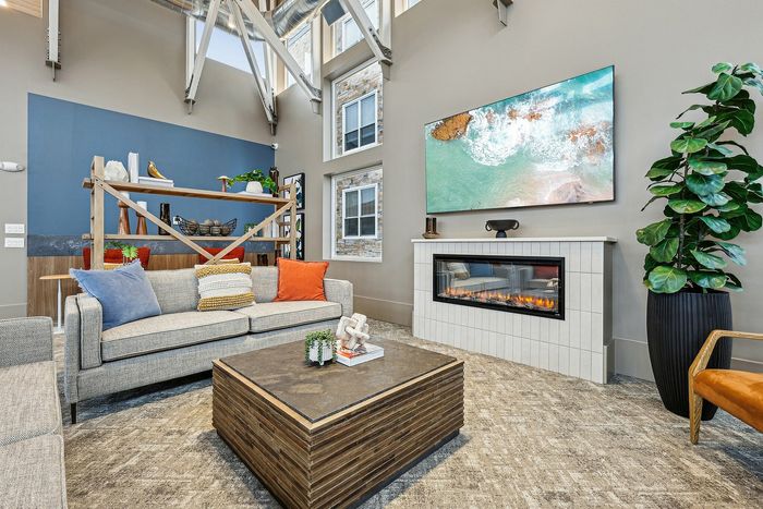 Chic living room with modern decor, featuring a stylish fireplace, large TV, and cozy seating with colorful cushions.