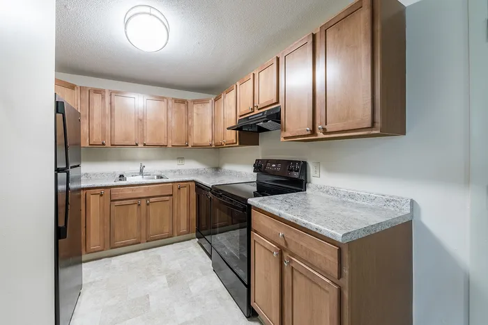 Contemporary kitchen with sleek wooden cabinets, elegant countertops, and modern appliances, offering a warm and inviting culinary space.