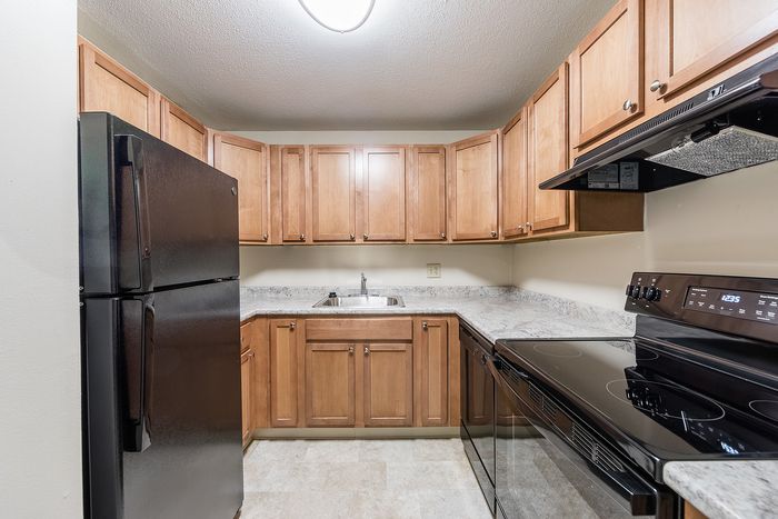 Modern kitchen featuring elegant wooden cabinetry, sleek black appliances, and a spacious countertop for meal preparation.