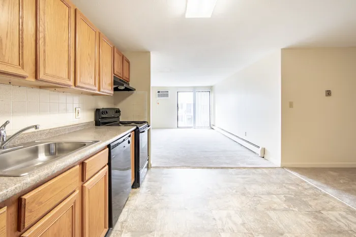 Bright open-plan living space with wooden cabinetry, modern appliances in the kitchen, and a spacious carpeted living area leading to a sunlit balcony.