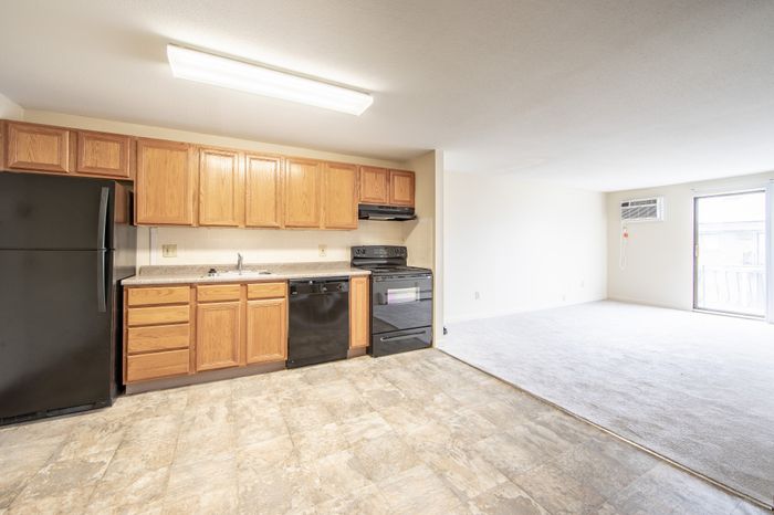 Bright and inviting open-concept kitchen with wooden cabinets, modern appliances, and a spacious living area with natural light and balcony access.