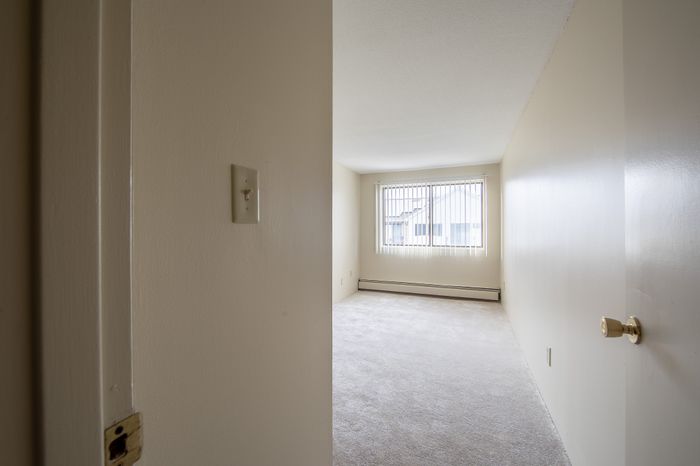 Bright and inviting bedroom with soft carpet flooring, large window with vertical blinds, and neutral wall colors.