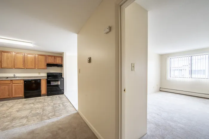 Inviting apartment interior with a bright, open layout, featuring a modern kitchen with wooden cabinetry and sleek appliances, leading into a sunlit living area with large windows.