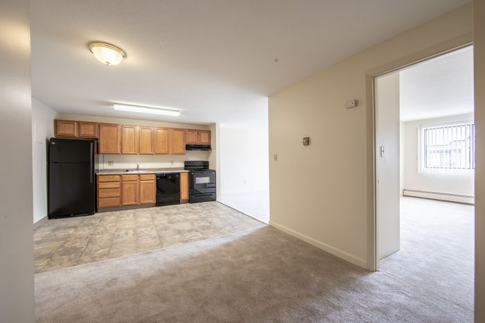 Bright apartment with an open kitchen featuring modern appliances, warm wooden cabinetry, and a cozy adjoining living area.