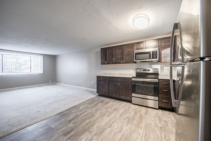 Contemporary open-concept kitchen and living area with sleek stainless steel appliances and large window for abundant natural light.