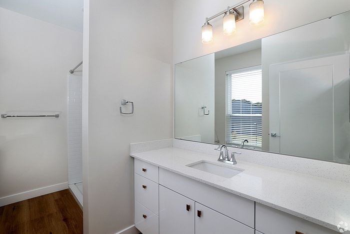 A modern bathroom at The James Apartments in Haverhill, MA features a white vanity, large mirror, three-light fixture, chrome faucet, wood flooring, and a walk-in shower with white tiles illuminated by natural light.  | The James | Apartment in, Haverhill MA