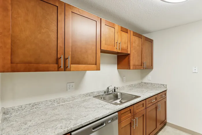 Princeton Place Apartments | A modern kitchen at Princeton Place Apartments in Worcester MA features wooden cabinets, a stainless-steel sink, a dishwasher, and light granite countertops set against a plain white wall. | Apartments with Air Conditioning in Worcester