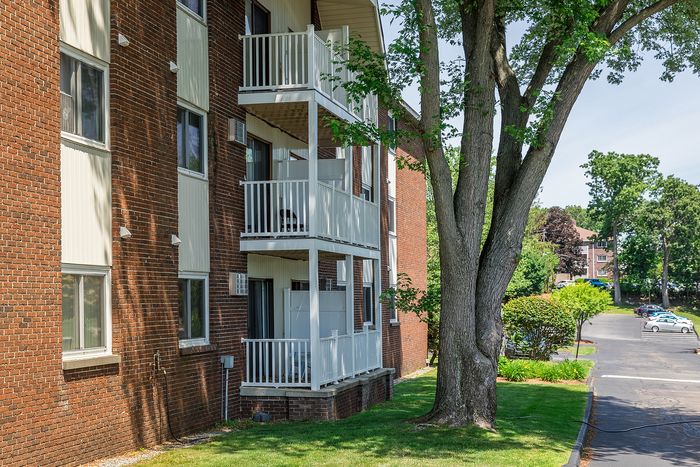 Charming brick apartment building with inviting balconies nestled among lush greenery.
