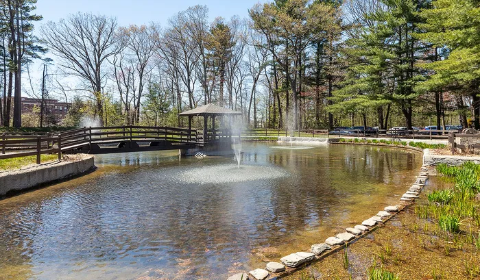 Serene park setting with a picturesque pond, elegant fountains, and a charming wooden bridge surrounded by lush greenery.| The Royal Crest | Apartment in North Andover, MA